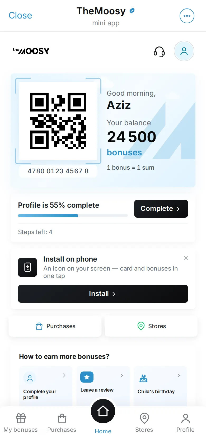 TheMoosy mini app in Telegram: QR card and bonus balance