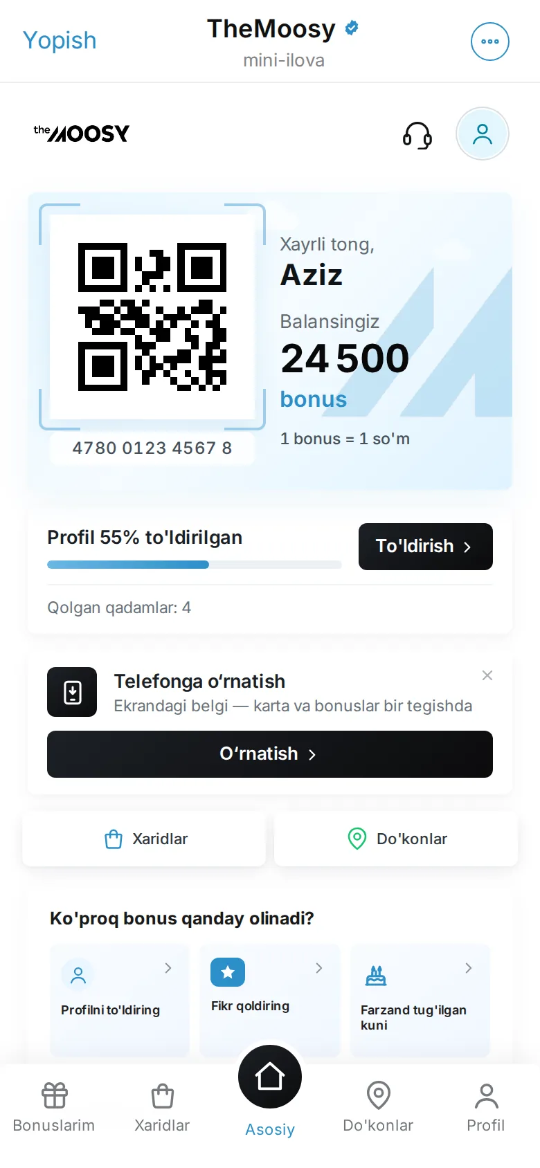 Telegramdagi TheMoosy mini-ilovasi: QR-karta va bonus balansi