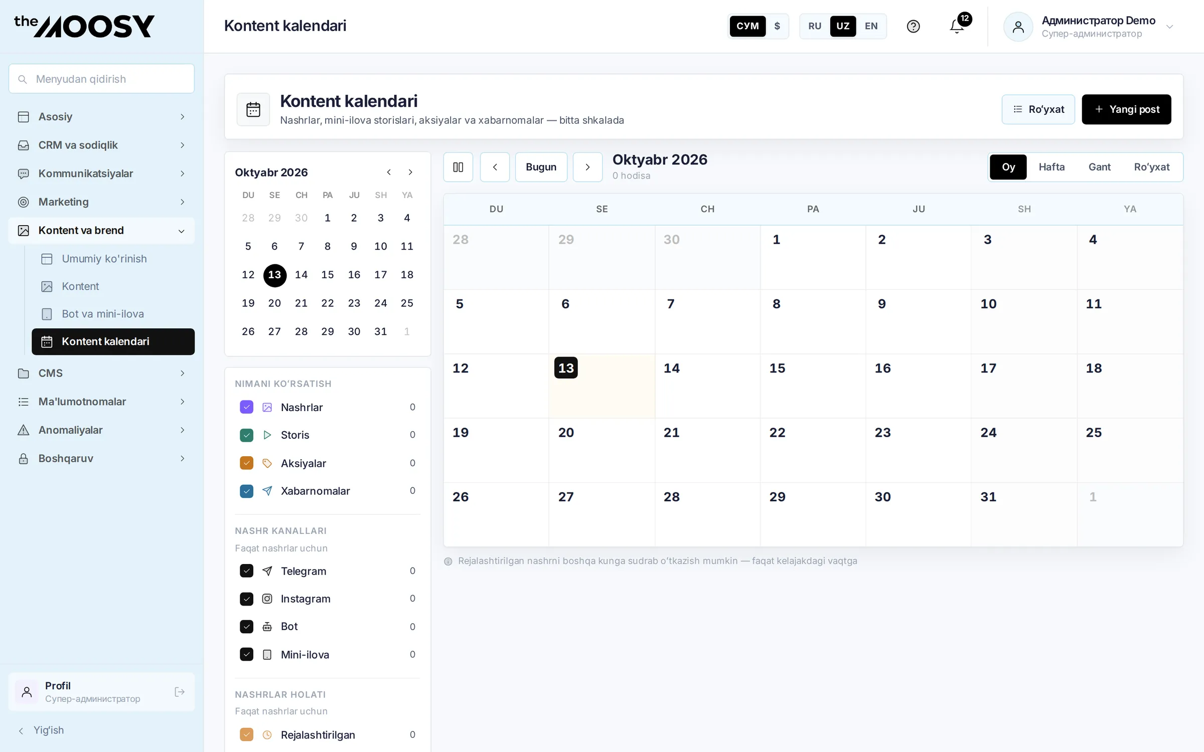 Kontent va sayt: Kalendar